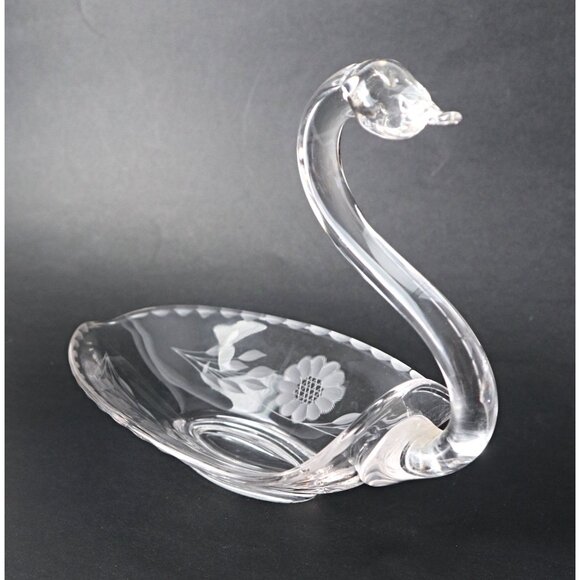Vintage Swan Candy Dish Etched Cornflower Pattern WJ Hughes Canada - Picture 1 of 5